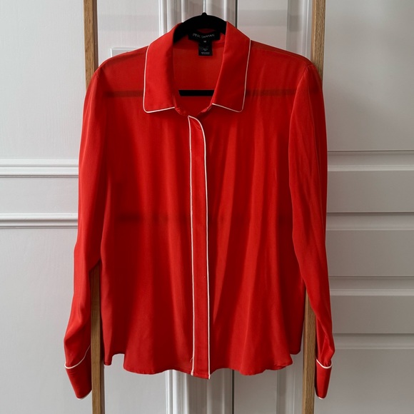 Pink Tartan Tops - Pink Tartan Burnt Orange 100% Silk Long Sleeve Blouse - Size 12 - EUC